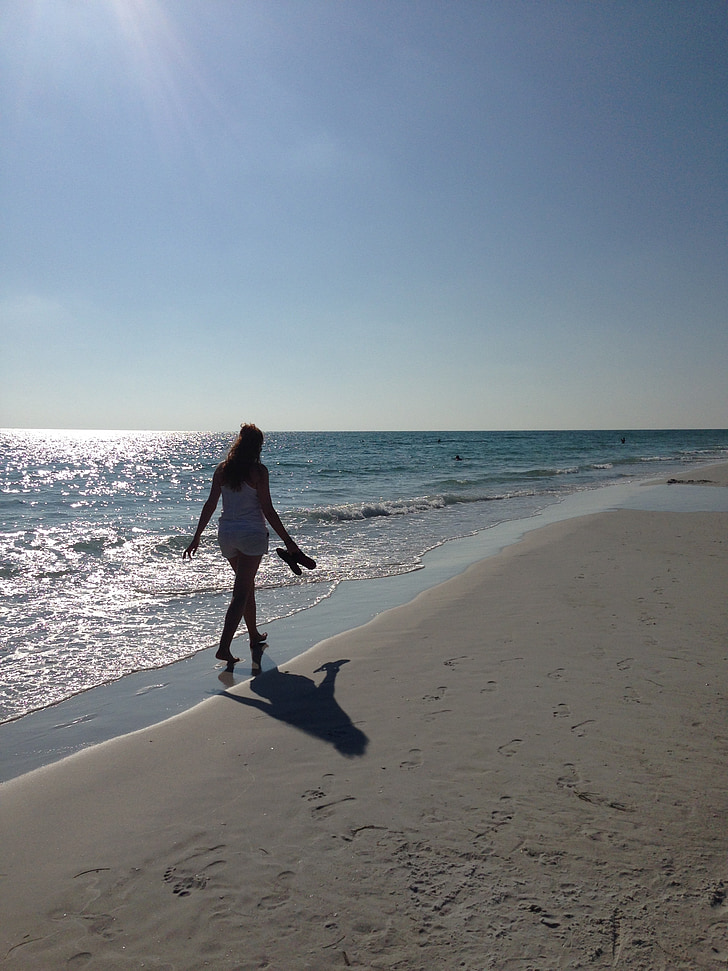 Девушка прогуливается по пляжу в платье приспуская его