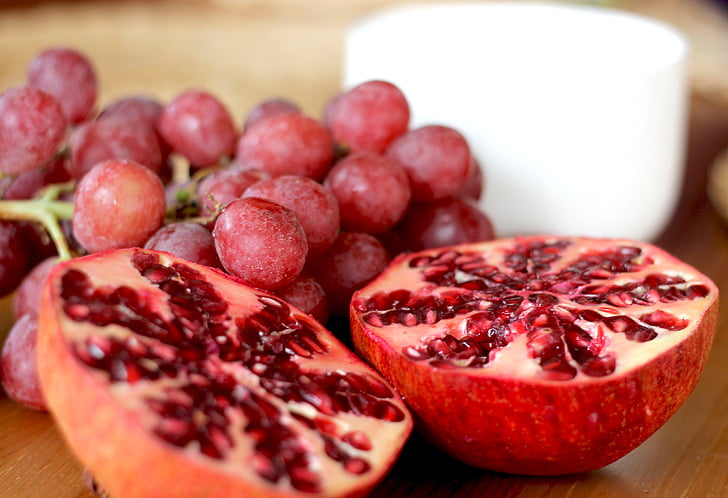 Granaatappel, druiven, vruchten, rood, kleurrijke, gezonde, snacks