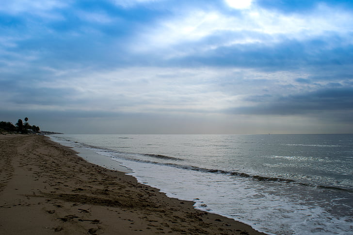 beach, dawn, clouds, sky, horizon, sand, holiday