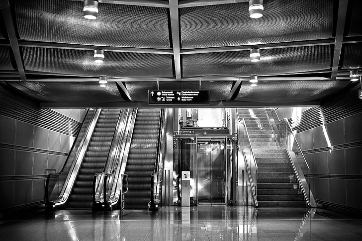 escaleras, escalera mecánica, ascensor, vidrio, arquitectura, metal, Düsseldorf