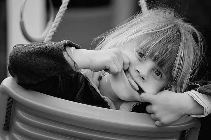 child, girl, blond, face, swing, making a face