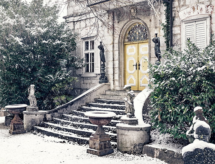 Villa, domov, stopnišče, vnos, sneg, pozimi, zimski
