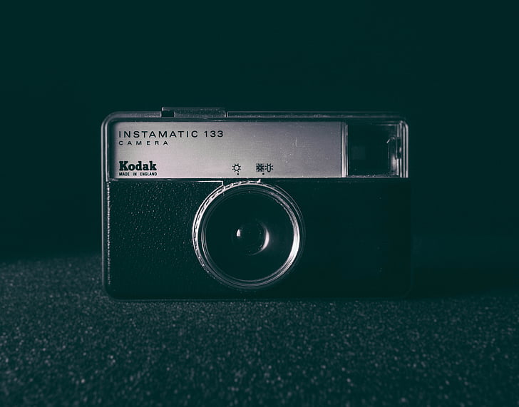sort, grå, Kodak, instamatic, kamera, vintage, mørk