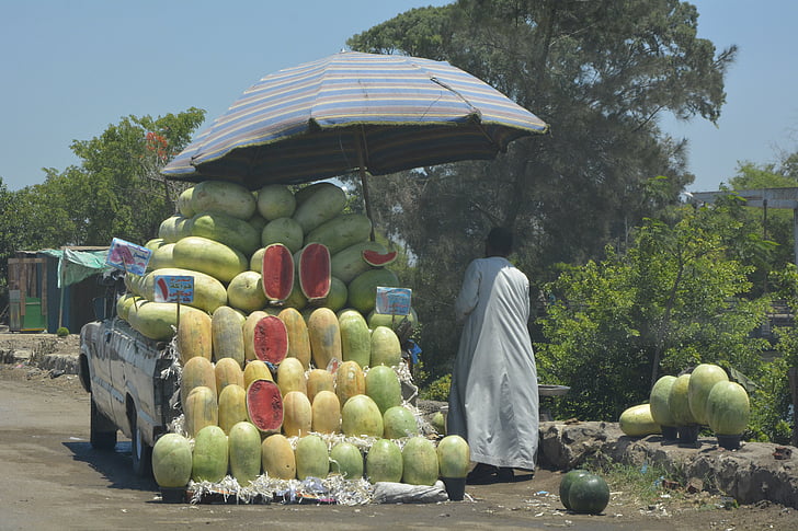 vodní meloun, trh, ulice, s potravinami, pouliční obchod, Egypt, Káhira