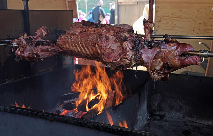 suckling pig, pig, spit roast, grill, barbecue, pig's head, crust roast