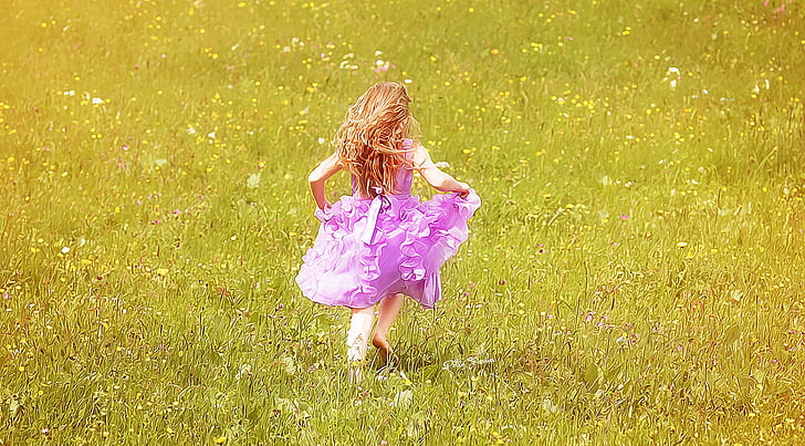 child, girl, long hair, dress, meadow, flower meadow, nature