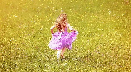 gyermek, lány, hosszú haj, ruha, rét, virág meadow, természet