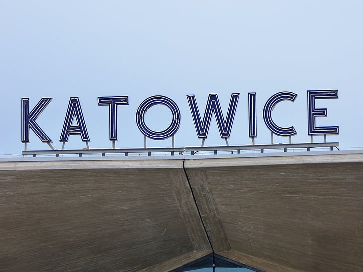 järnvägsstation, inskriptionen, Katowice, staden, Sky, Schlesien, stadens centrum