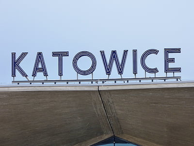 Željeznički kolodvor, natpis, Katowice, grad, nebo, Šleska, centar grada