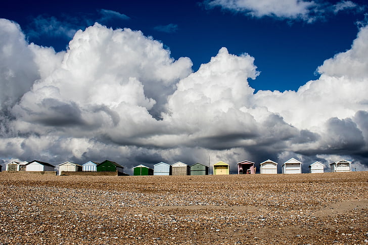 plážové chatky, Velká Británie, Shoreham po moři, obloha, pobřežní, Británie, Jižní pobřeží