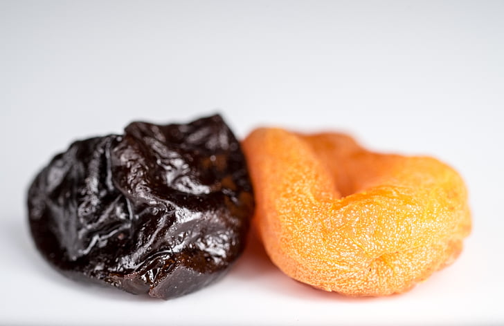 dried apricots, prunes, dried fruits, yellow, black, fruit, sweet