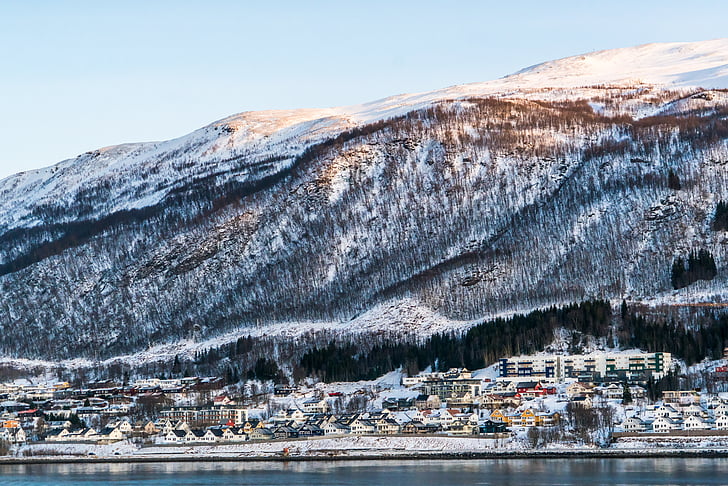 Norra, rannikul, arhitektuur, Fjord, lumi, mäed, Skandinaavia