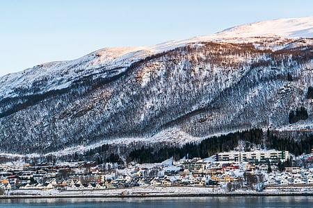 Noruega, Costa, arquitetura, Fiorde, neve, montanhas, Escandinávia