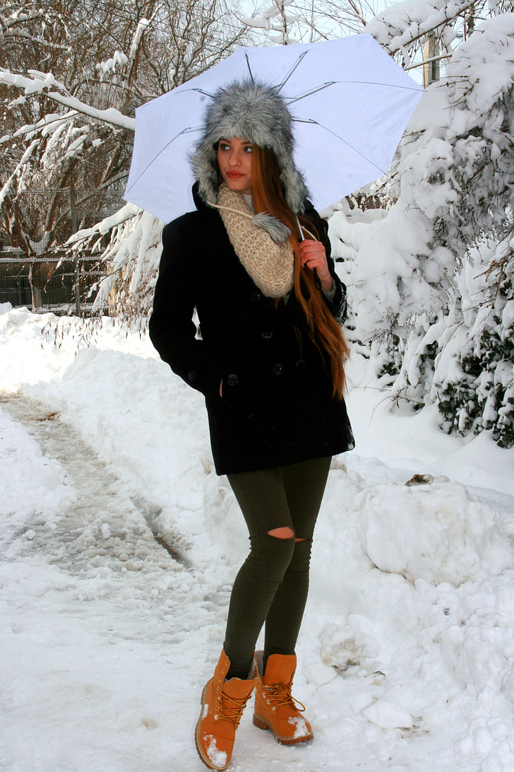 สาว, ร่ม, หิมะ, ฤดูหนาว, หมวก, ความสวยงาม