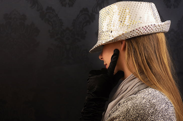 woman, hat, sequins, chic, gloves, blond hair, beauty