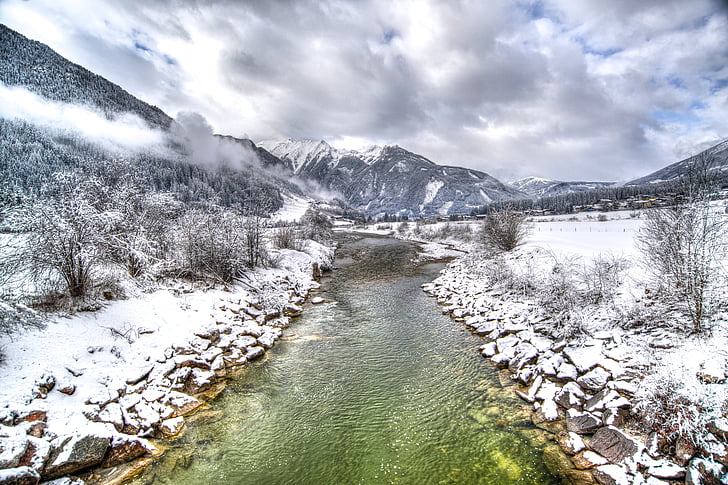 강, 오스트리아, 겨울, hdr, 감기, 눈, 산