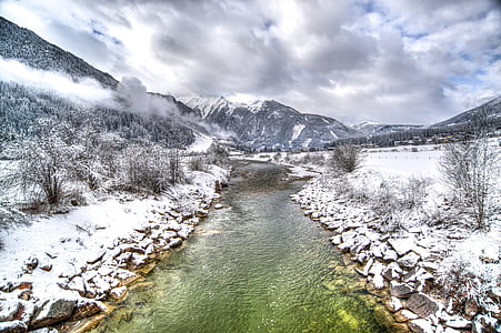 река, Австрия, зимни, HDR, студено, сняг, планински
