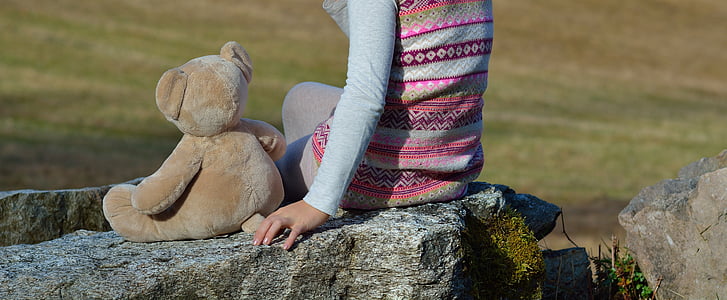 child, girl, teddy bear, stone, sitting, nature, friends