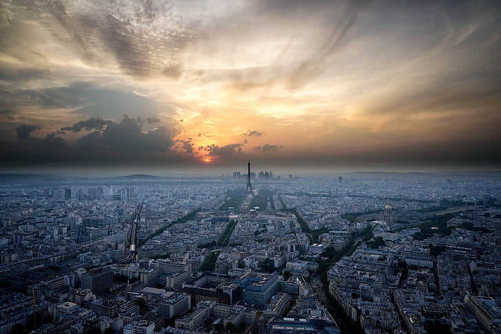 Париж, Франция, Skyline, залез, Айфеловата кула, облаците, забележителност