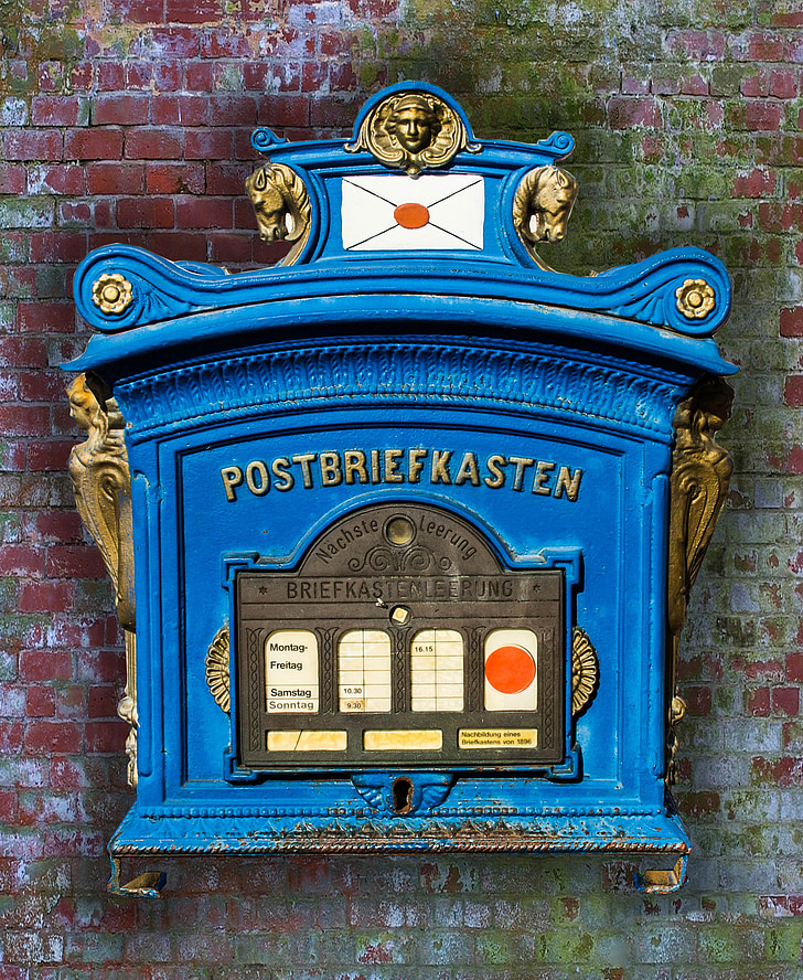 příspěvek, poštovní schránka, poštovních schránek, Německo, kovářství, pohlednice, modrá