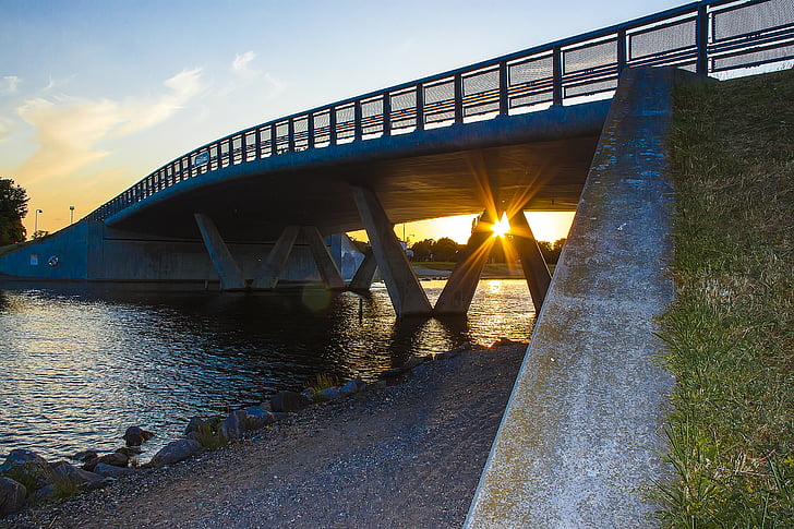zachód słońca, Most, Marine, Most - człowiek struktura, Rzeka, Architektura