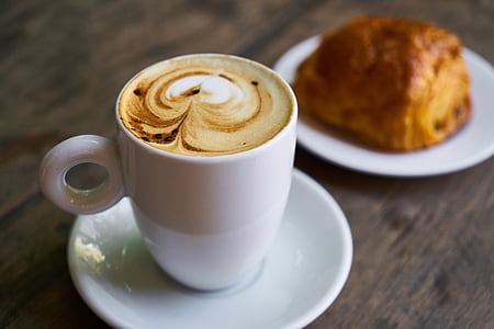 coffee, croissant, latte, morning, food, background, drink