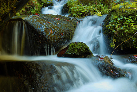 waterfall, cascade, flowing water, autumn, moss, stones, nature