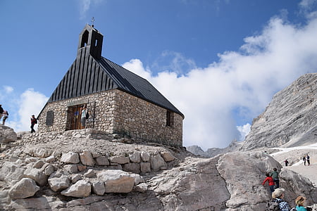Mavi gökyüzü, dağ manzarası, Zugspitze, Kilise
