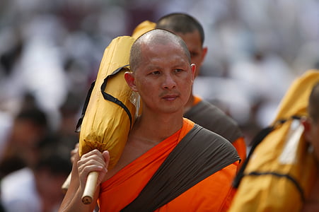 budistes, monjos, taronja, túniques, cerimònia, Convenció, reunió