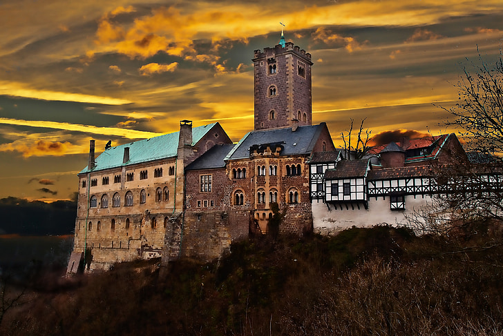 Thüringen Tyskland, Eisenach, Wartburg slott, Luther, Junker jörg, slott, kvällen