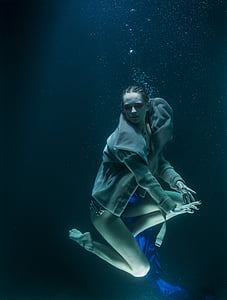 onder water, mode, vrouw, verhoogd, water, tank, beeldende kunst