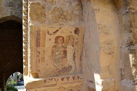 fresque, mur, Église, prière, médiévale, ornement, arc
