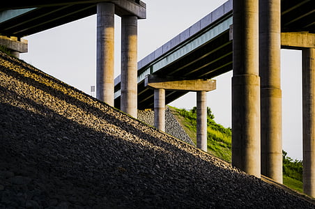low, angle, photo, bridge, highway, transportation, architectural column