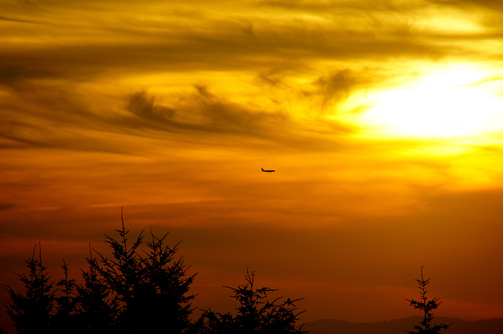 aviões, pôr do sol, Crepúsculo, paisagem, céu, nuvens, natureza