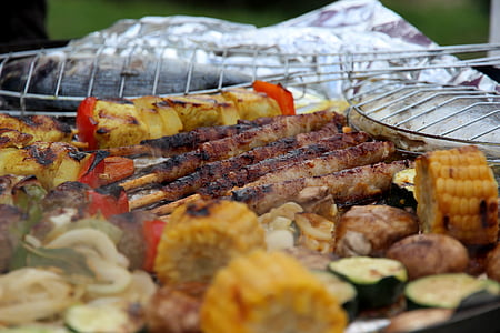 barbecue, girarrosto, carne, griglia, mangiare, mais, zucchine