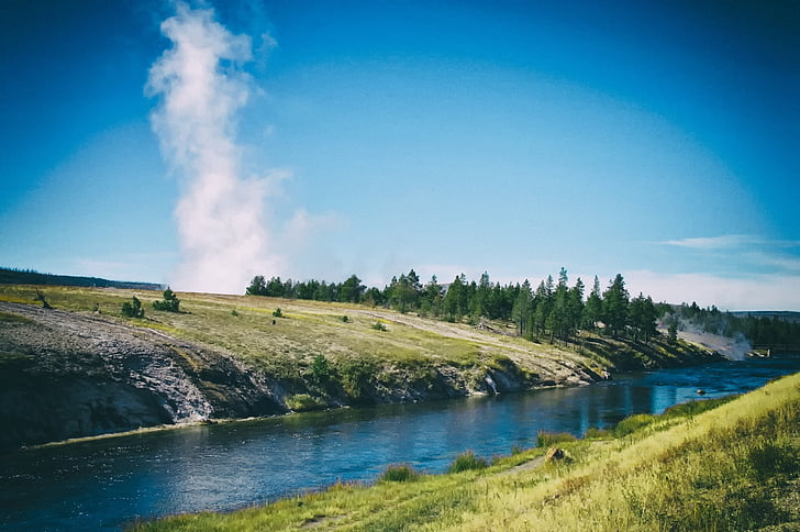 yellowstone national park, geyser, stream, water, reflections, landscape, scenic