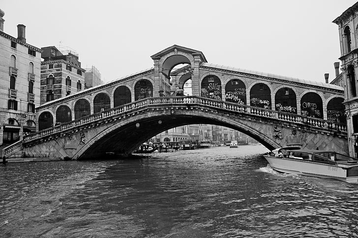 Venise, pont, Rialto, ville, grand canal, maisons, bateaux