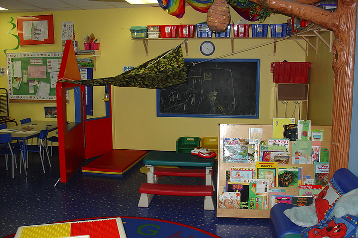 børnehave, preschooler værelse, legerum, spille, værelse, børn, børnehave