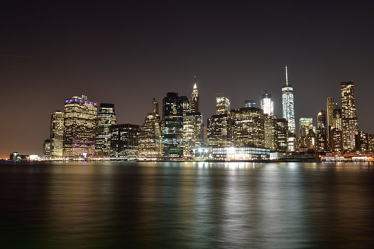 САЩ, Ню Йорк, Манхатън, нощ, градски силует, градски пейзаж, небостъргач