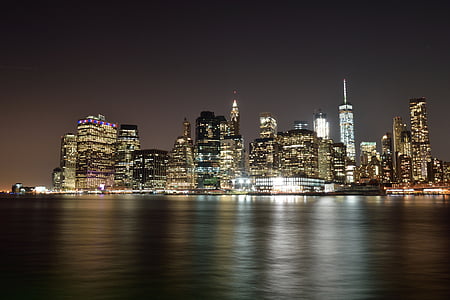 美国, 纽约, 曼哈顿, 晚上, 城市天际线, 城市景观, 摩天大楼