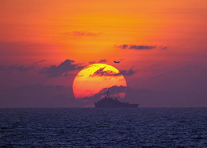military ship, sunset, sea, navy, sun, ocean, water