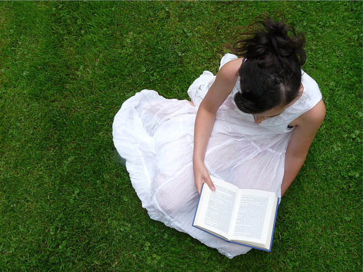 Děvče, čtení, kniha, literatura, bílá, tráva, venku