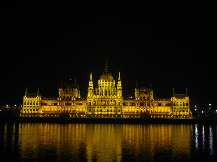 Будапеща, Унгария, парламент, Нощем, сграда, река, Дунав