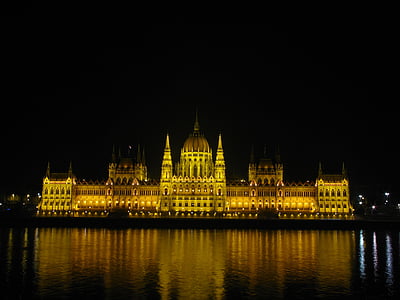 Budapest, Magyarország, Parlament, éjjel, épület, folyó, Duna