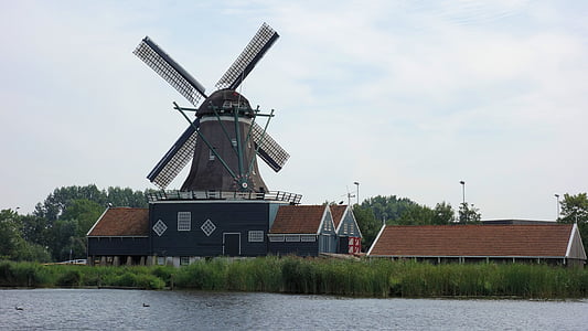 Değirmen, Friesland, Hollandalı peyzaj, tarihi değirmen, manzara