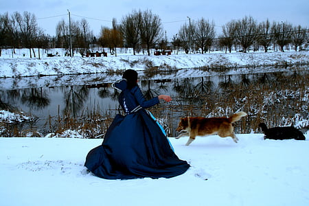 girl, princess, dog, snow, blue, dress, nice