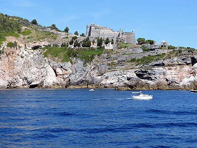 castle, cliff, sea, boat, costa, rock, porto venere