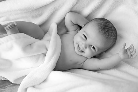people, bed, baby, newborn, child, blanket, black and white
