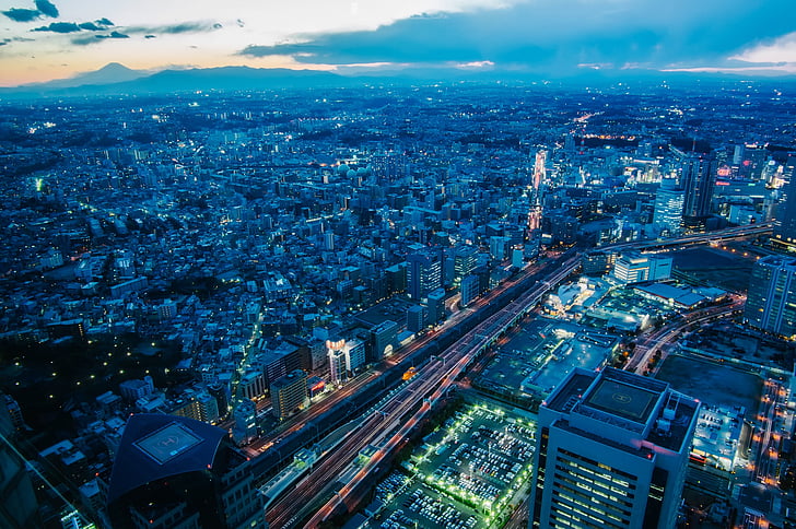 Yokohama, Japan, solnedgång, skymning, staden, Urban, byggnader