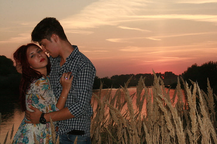 couple, love, sunset, water, romance, in the evening, men